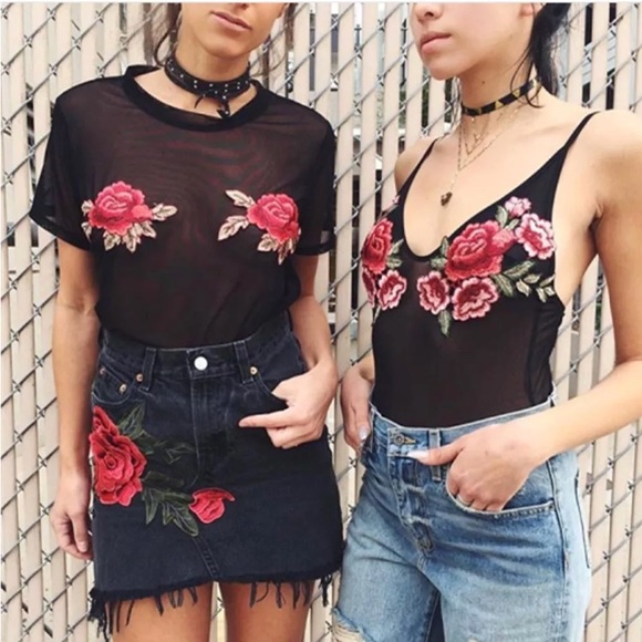 NWT Embroidered Floral Lace Mesh Bodysuit Romper - Picture 3 of 7